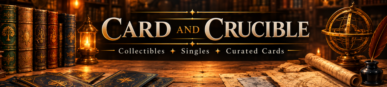 Card and Crucible — antique books, glowing lamplight, cards, and a bronze globe